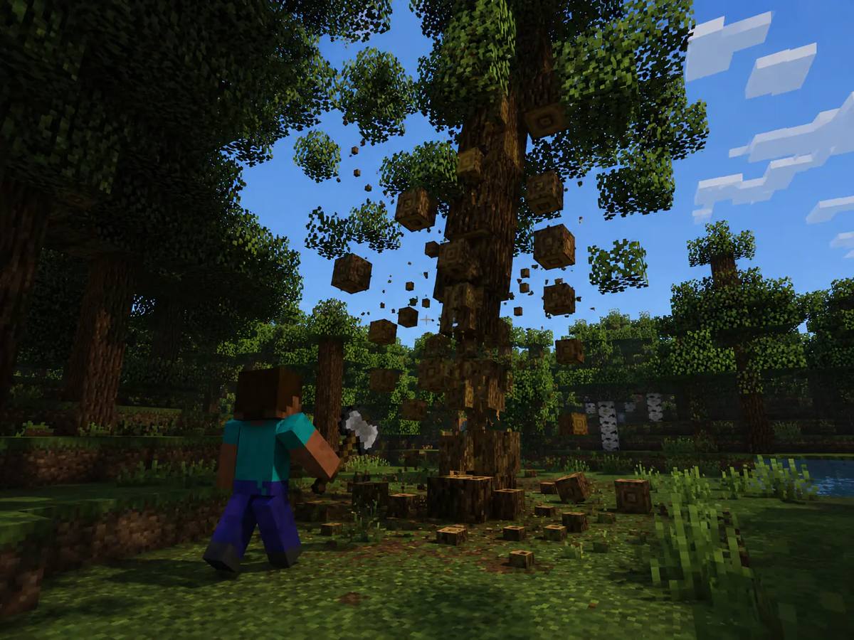 mcMMO Tree Feller ability instantly breaking an entire Minecraft tree.